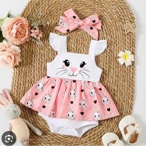 Baby Easter Bunny Print Pink Skirt and White Top Romper, Size 6-9M